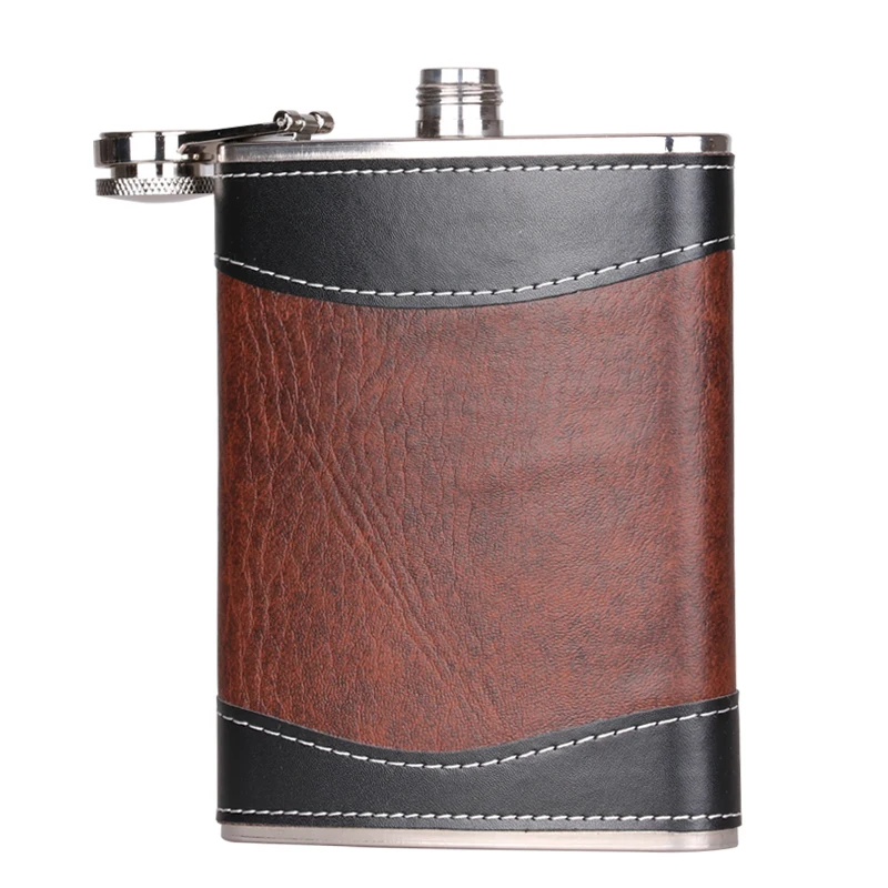 8 Oz Pocket Leather Wrapped Stainless Steel Hip Flask Brown Flasks For Liquor And Funnel
