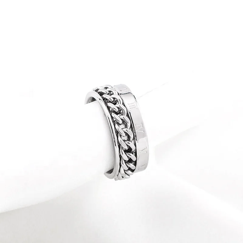 Retro Fashion Hip Hop Men And Women Waterproof Stainless Steel Roman Numeral Rotating Chain Rings For Couple Wedding Jewelry