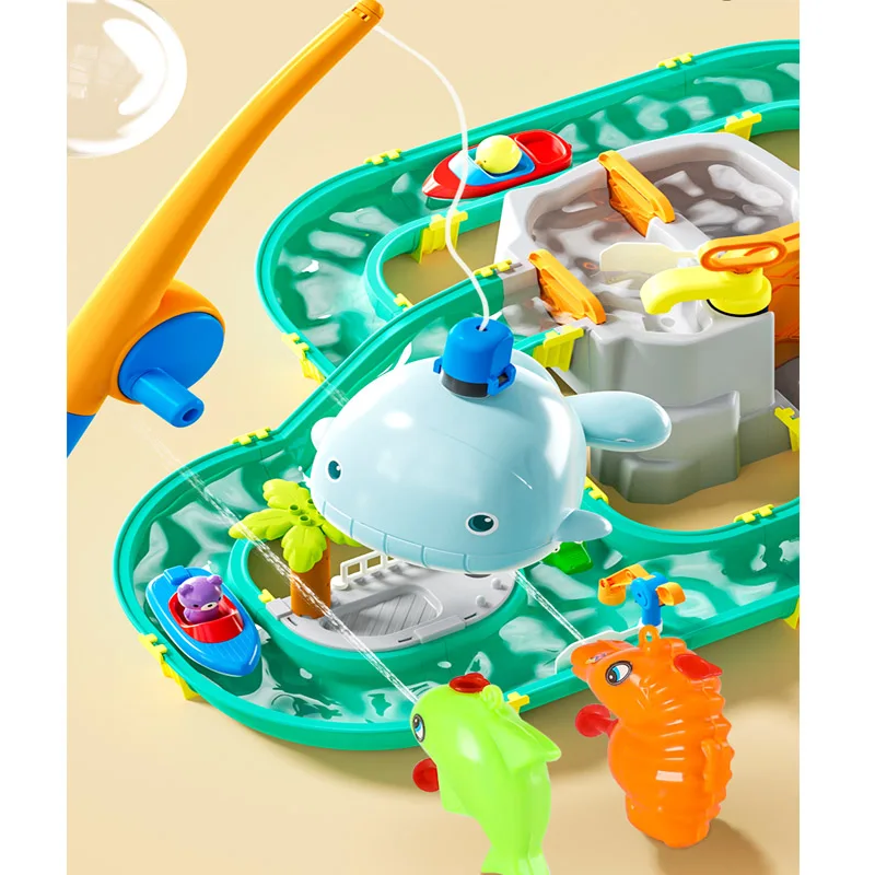 2024 Hot summer toys water rafting adventure park track can DIY fishing assembly set beach toys
