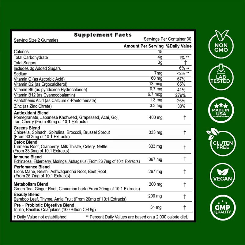 OEM/ODM/OBM Vegan Sugar Free Super Green Gummies Collagen Weight Loss Detox Super Greens Gummies Health Support