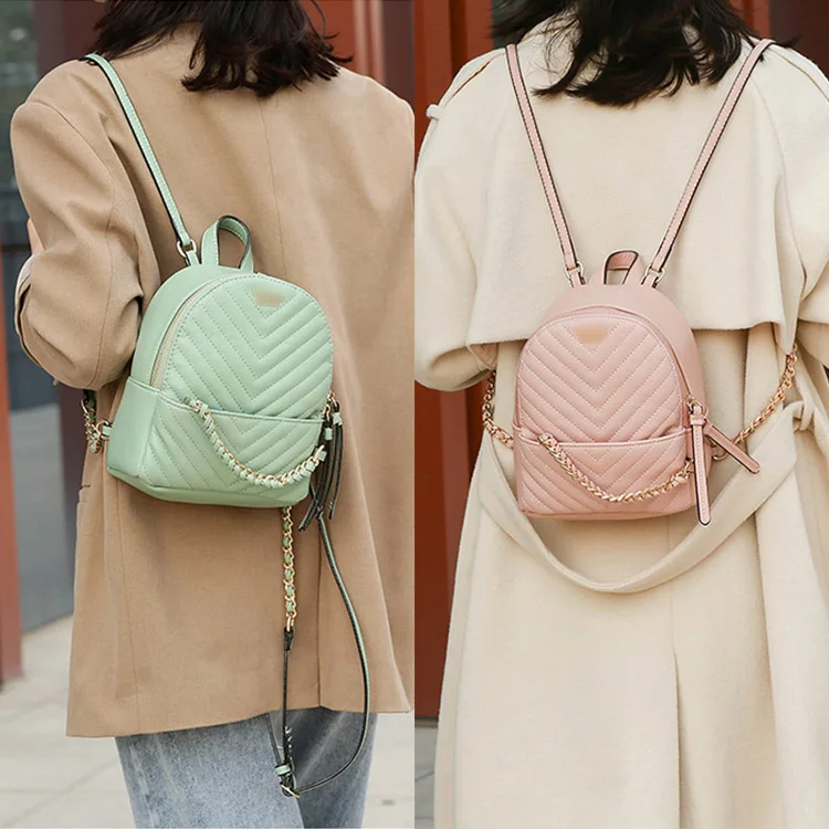 AZB197- Soft Pu Striped Chain Diamond Quilted TAX FREE Myanmar Made Ladies Backpack Pu Leather Korean Style Backpack for Girls