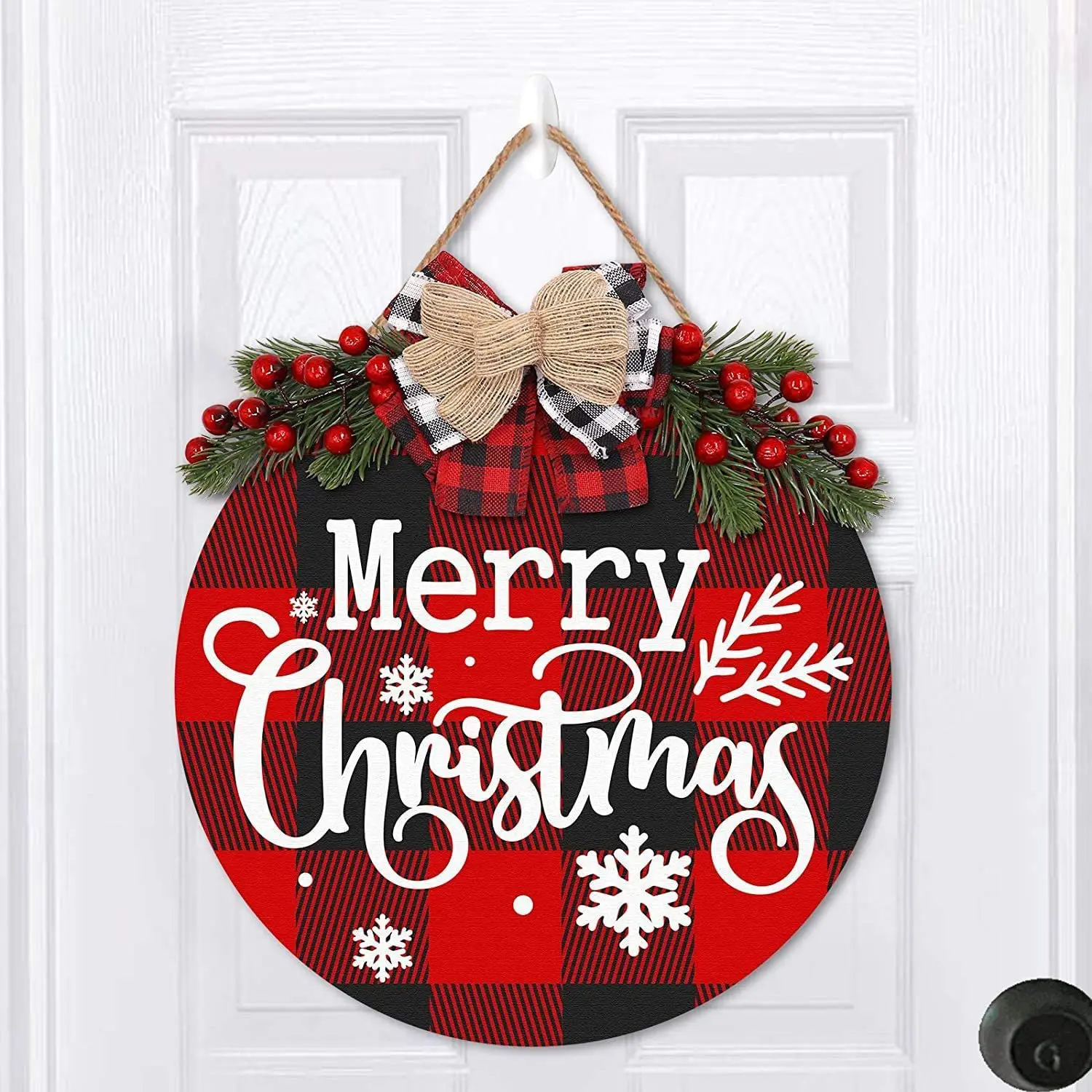 Christmas Round Wooden Door Wreath Sign Welcome Artificial Leaf Bow Decoration Holiday Front Door And Window Decoration Hanging