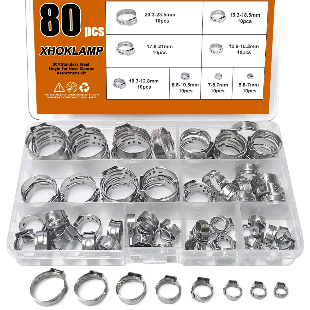 
XHOKLAMP 80pcs 304 Stainless Steel 5.8-23.5mm Single Ear Stepless Hose Clamps Assortment Kit, Cinch Clamp Rings 