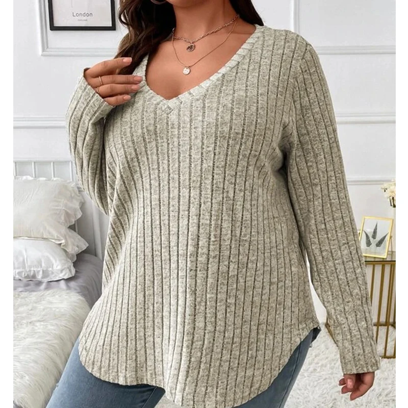 Wholesale solid oversized Tee shirt V neck long sleeve top plus size fleese pit stripe brushed ribbed women blouses shirts