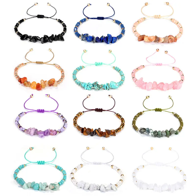 Natural Crystal Gemstone Irregular Energy Stone Bracelet Beads Chips Jewelry Amethyst Aquamarine Rose Quartz Bracelets for Women