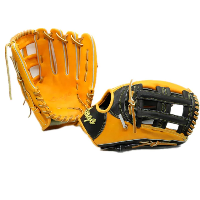2020 made-in-china black and yellow steerhide leather infield baseball softball gloves  with tanner color cowhide leather laces