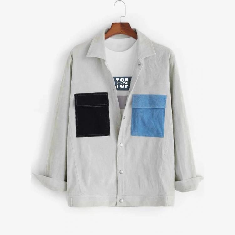 oem custom light gray colorblock pockets regular fit snap button corduroy shirt mens