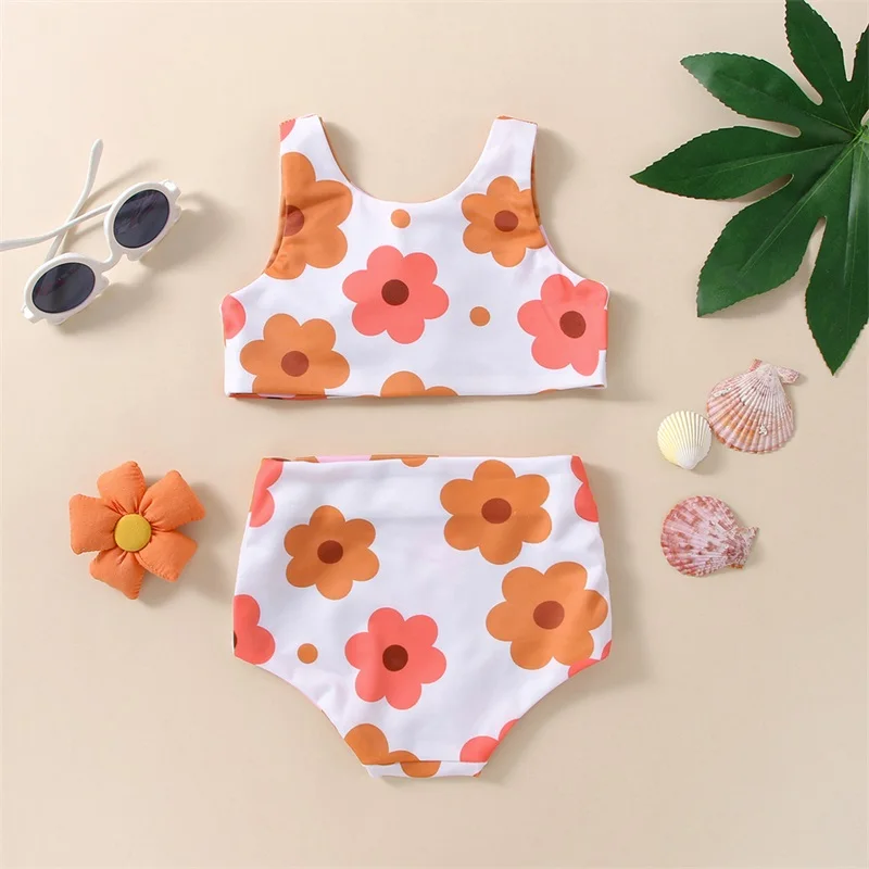 2023 Summer Toddler Kid Swimsuit Two Pieces Top Briefs Bikini Sets Heart Floral Printed Reversible Baby Girl Swimwear Beachwear