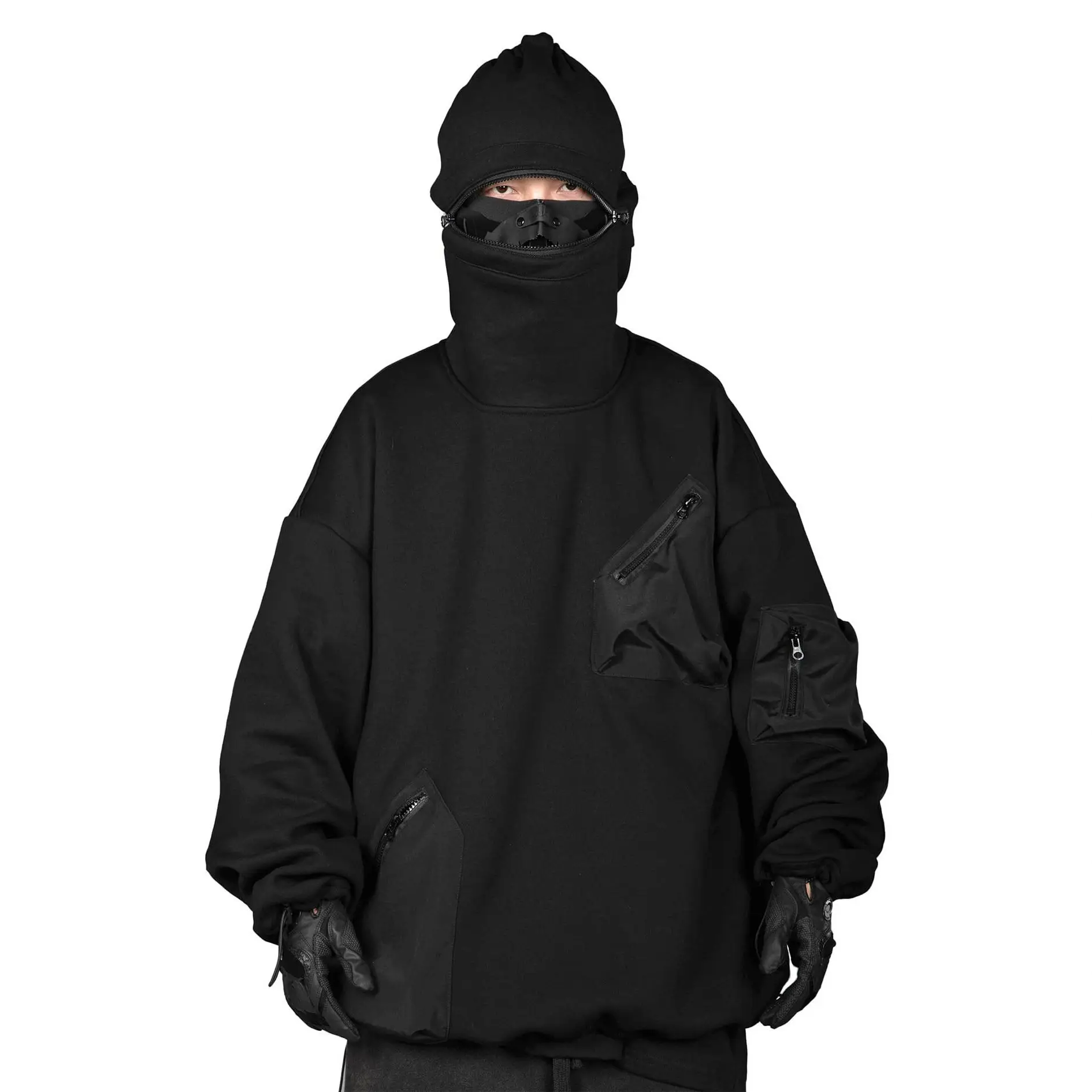 DOVEN OEM Custom Logo Design Full Face Cover Masked  Heavyweight Hoodie Color Block Sherpa Fleece Oversized Ninja Hoodies