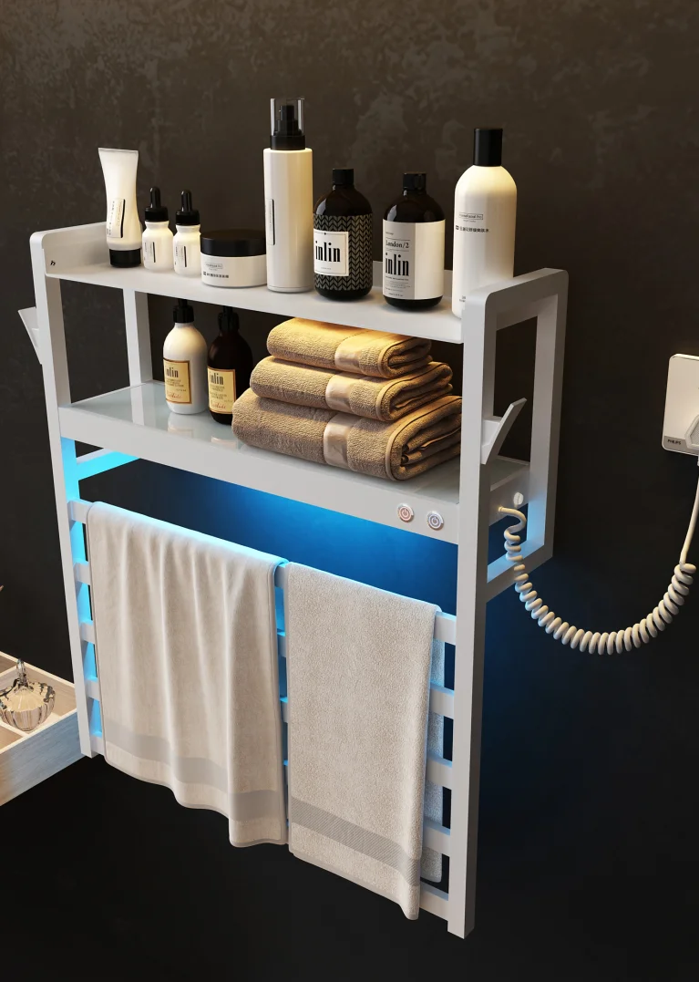 Modern Bathroom Electric Heated Towel Rack with Shelf Electric Towel Radiator with Storage Rack Heating Drying Towel Warmer