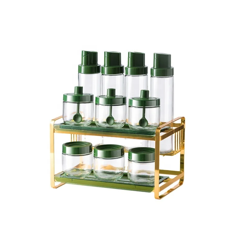 Kitchen Storage 11piece Oil and Vinegar Bottle Set with Stainless Steel Rack and Glass Spice Jar Set