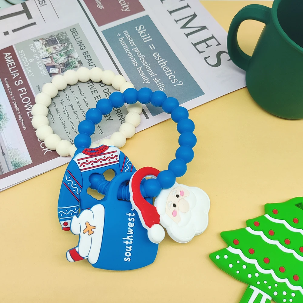 Factory Customized Christmas Tree Santa Socks Hat Snowman Sweater Silicone Teether Ring Space Silicone Baby Teether Gift Set