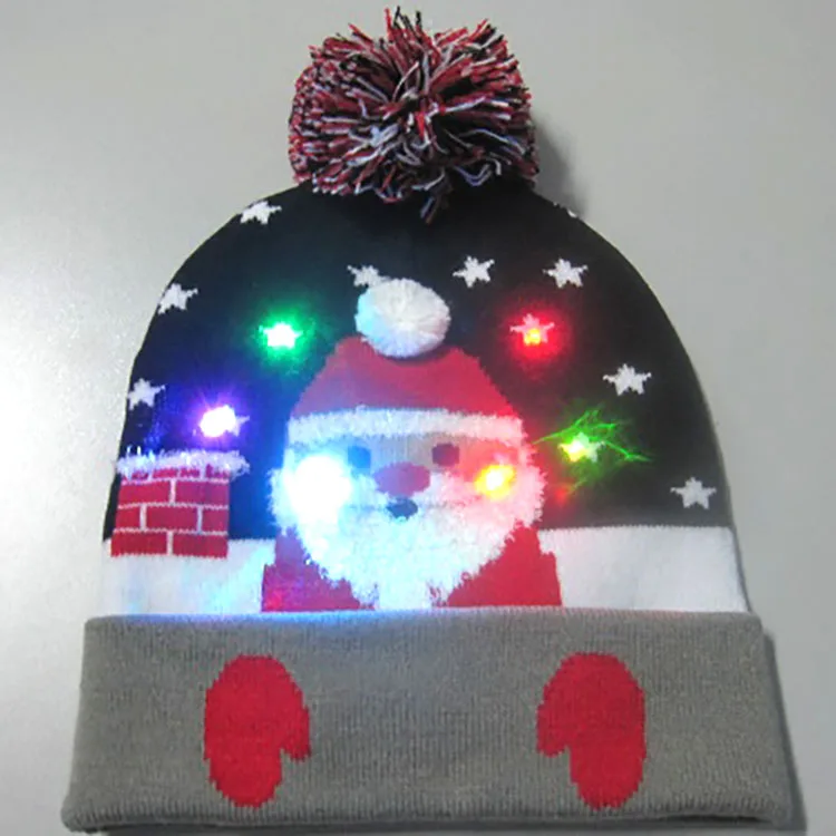 Custom LOGO Adults Xmas Santa Party Crazy Funny Knitted Custom Christmas Hat With LED Lights
