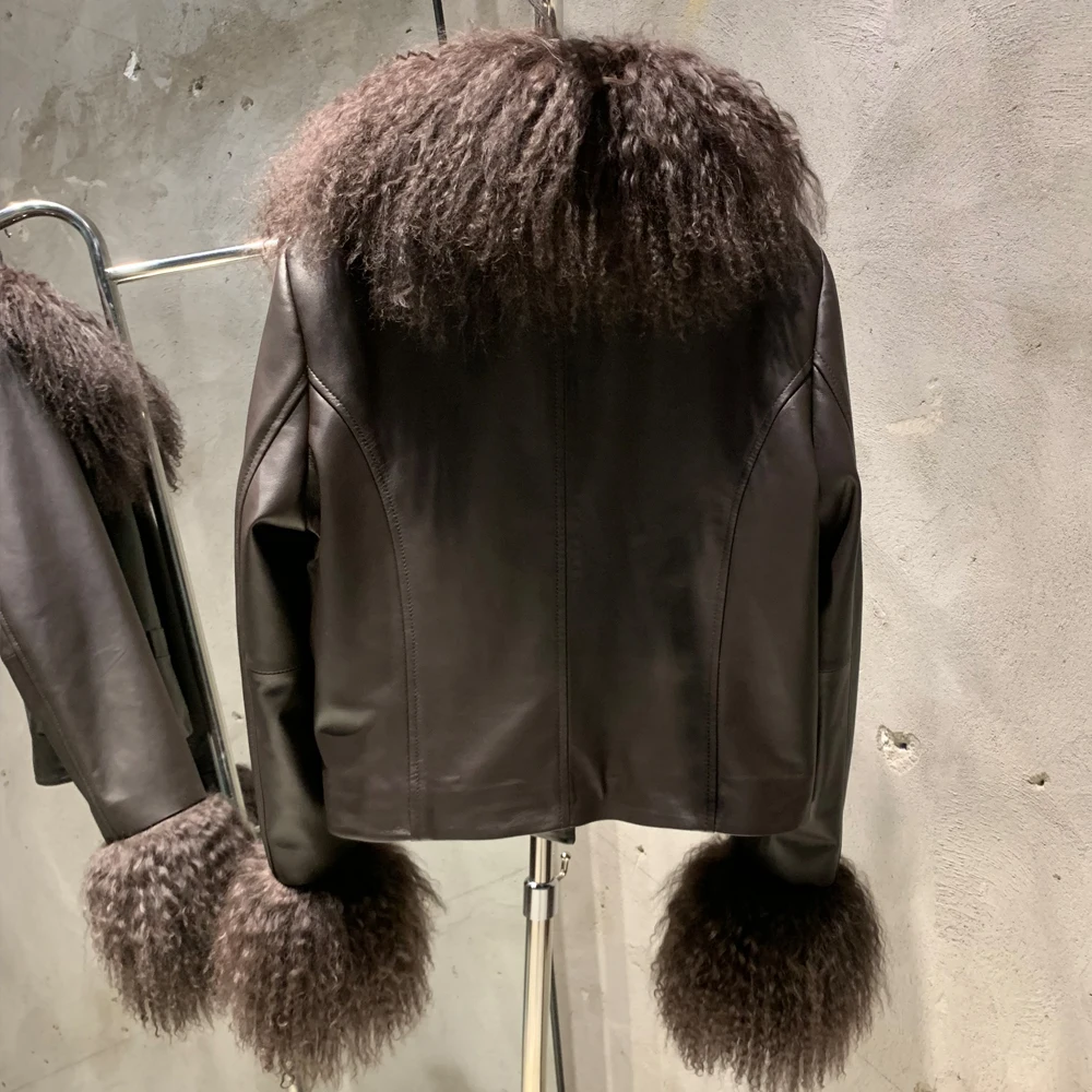 New arrival real sheep fur coat crop brown leather jackets leather jacket with mongolian fur