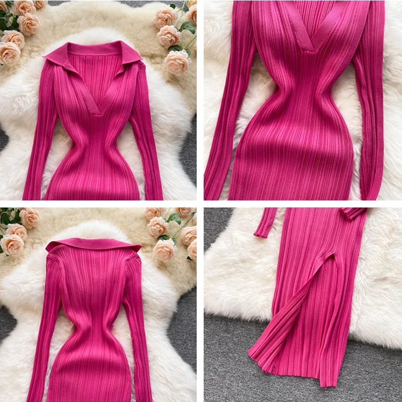 10 Colors Women Korean Knitted Dress Long Sleeve V Neck Elastic Slim Pencil Dresses 2021 Autumn Sexy Bodycon Split Sweater Dress