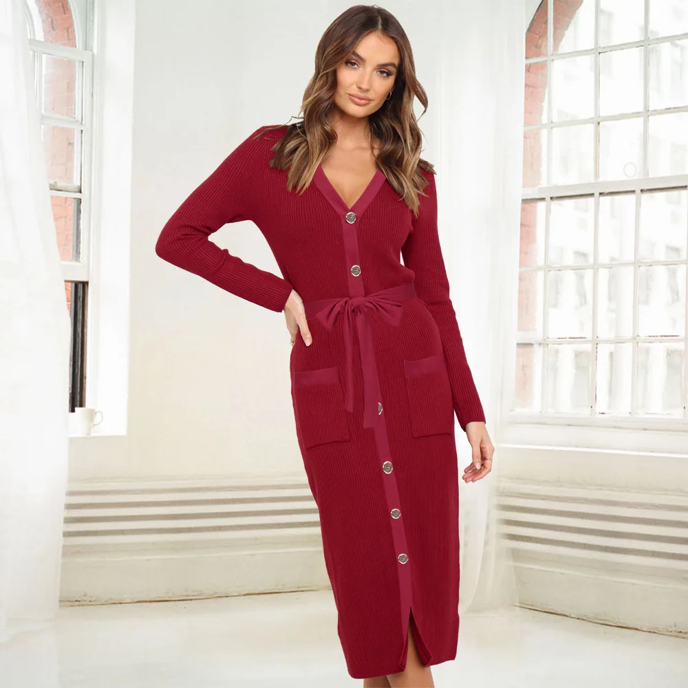 Newest Design 2021 Autumn Winter Long Knitted Dress Long Sleeve Slim V Neck Single Breasted Dress Women