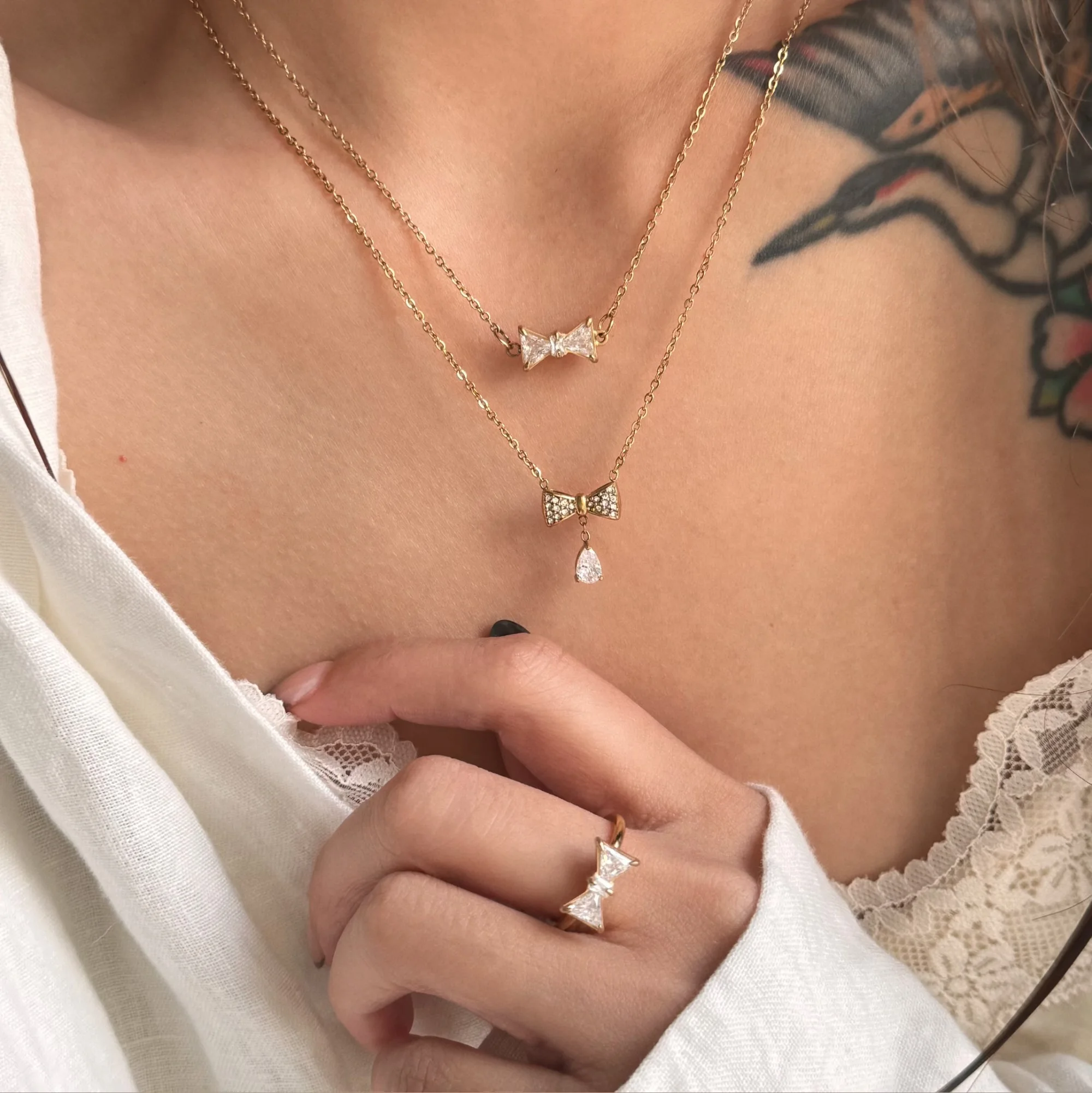 2024 Dazan New 18k Gold Plated Tarnish Free Stainless Steel Classic Bow Butterfly Tie Green Zircon Pendant Chain Necklace Women