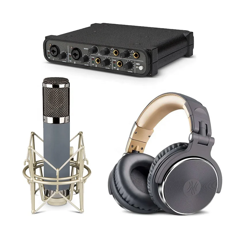 Professional studio kit with large diaphragm condenser microphone earphone headphone sound card for voice record