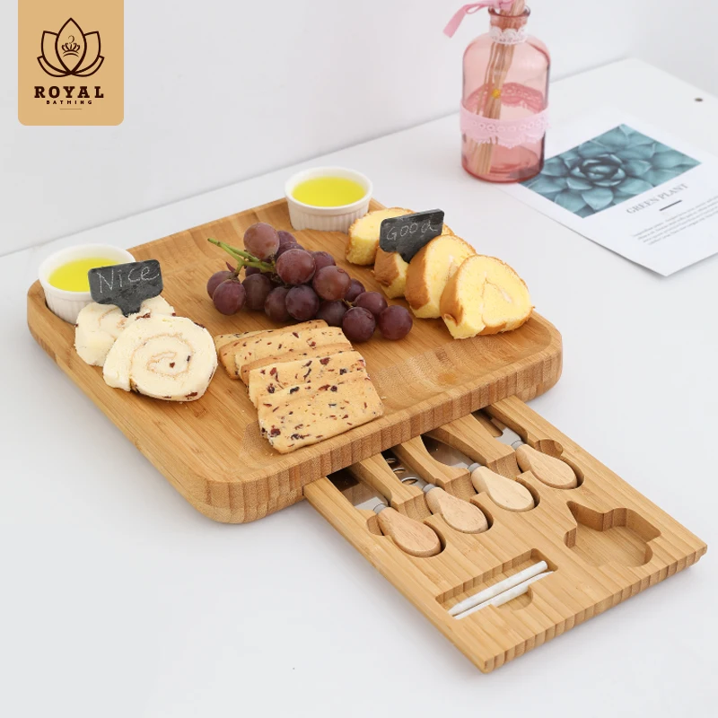 Cheese Board and Cutlery Set with  includes 2 slate labels and  chalk Bamboo Charcuterie Platter and Serving Tray for Wine