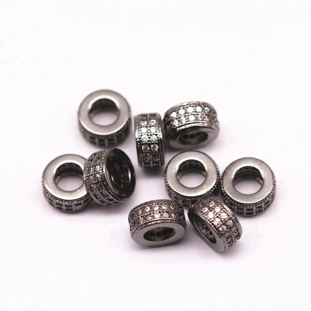 Bulk Price Silver Plated Gun Black Zircon Flat Wheel Ball Shape Mirco Pave Charm and Beads for Jewelry Making 8mm 10mm
