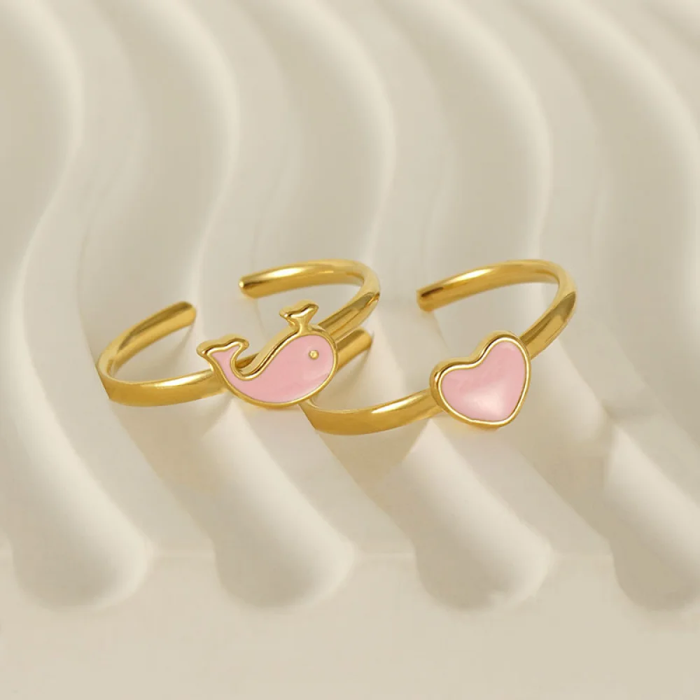 Cute Fashion Jewelry Girls Stainless Steel Gold Plated Dolphin Open Adjustable Pink Enamel Oil Drip Love Heart Rings
