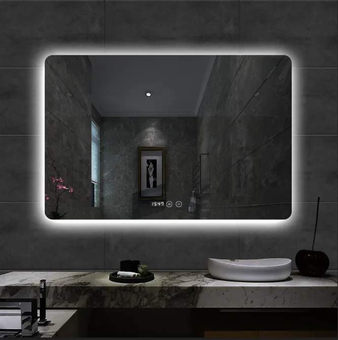 Modern Style LED Light Bathroom Rectangular Smart Touch Screen Lighting Mirror Silver Rectangle Customizable Wall Hanging