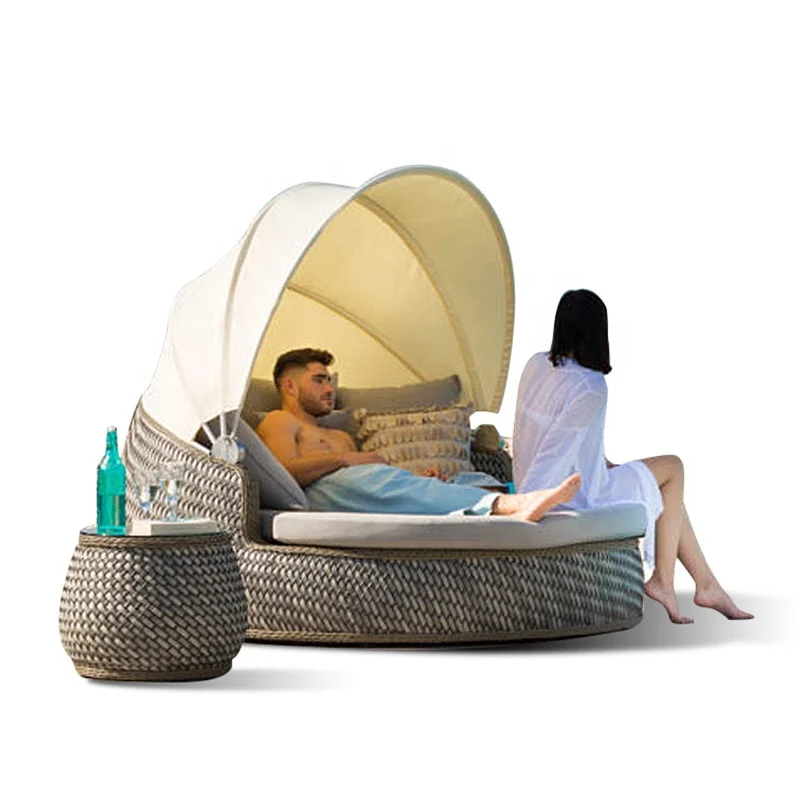 
Beach Rattan Wicker Garden Canopy bed Outdoor Round Pool Daybed Sunbed With Canopy 