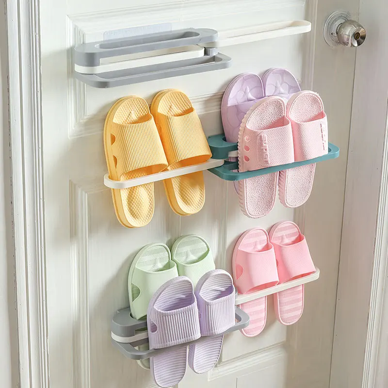 Amazing Foldable Slippers Plastic Shoes Hanger Wall Mounted Hanging Telescopic Three-in-one Bathroom Shoe Racks for home