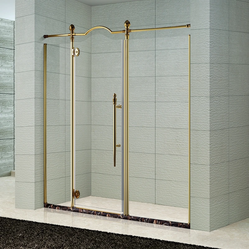 Modern Aluminium Frame Straight Line-Shape Hinged Pivot Gold Copper Acrylic Bathroom 8MM Temper Glass Shower Door Room