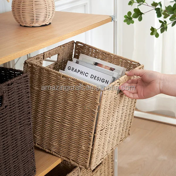Recycle Paper Rope Rattan Large Capacity Home Storage Bins Great for Bookcase Display Shelf Box Multi-function Use