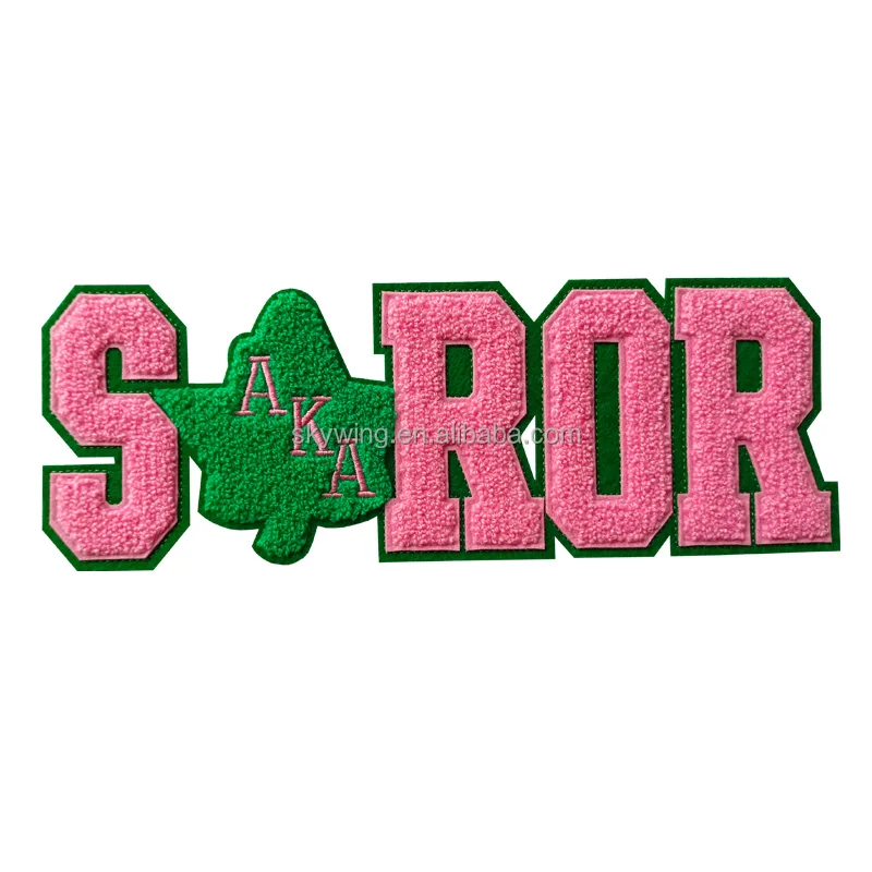 Large Embroidered Letters SOROR Pink and Green AKA Delta 1913 Sorority SGRHO Soror Chenille Iron on Patch for Pretty Hoodie