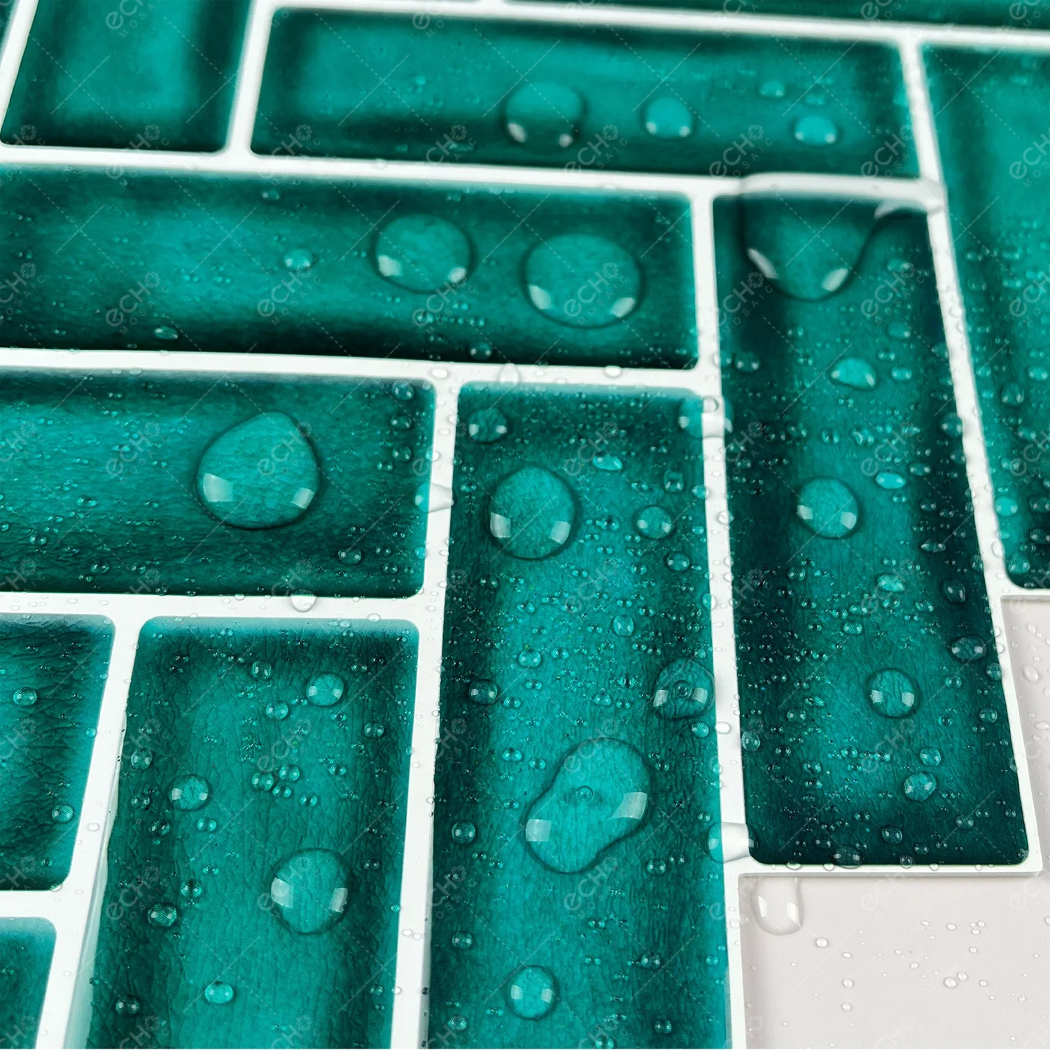 Thicker Design Teal Blue Herringbone Kitchen Backsplash Tiles PU Glue 3D Wall Sticker Mosaic