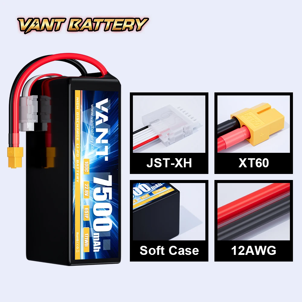 Vant 6S drone battery XT60 FPV lipo drone battery 7500mah 22.8V 100C 6S for FPV frame 7/8/10inch fpv battery