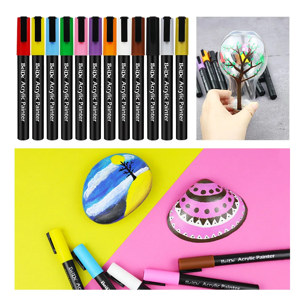 12 Colors Acrylic Paint Pens Set Permanent Markers for Rock Painting , Canvas, Tires, Wood, Metal, Scrapbooking, Fabric, Glass