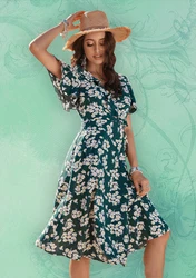 Casual Long Dresses Women Dark Green Elegant V Neck Short Sleeves Midi Skirt Floral Print Chiffon Polyester Lady Dress
