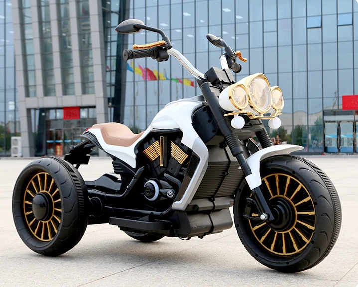 Customizable boys and girls can ride on a large Harley electric scooter that has three wheels and can be filled