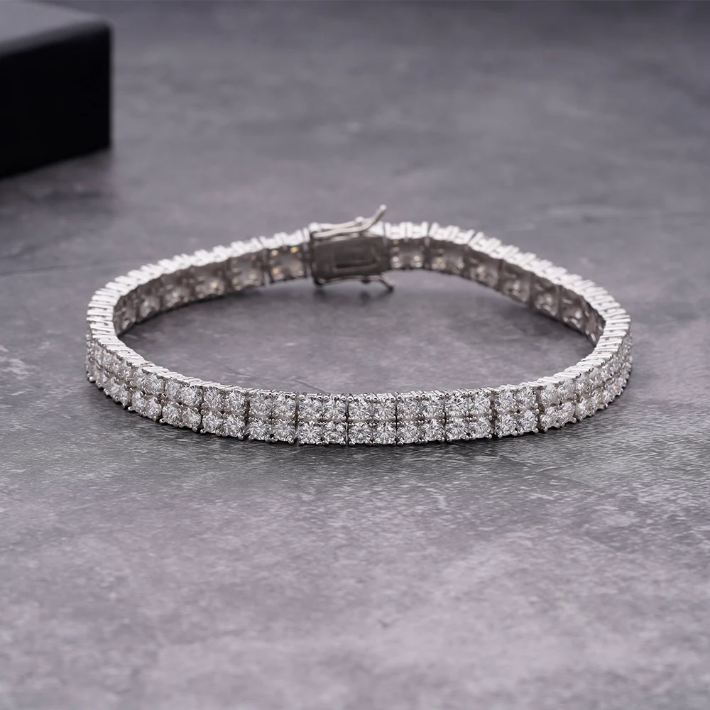 Classical Hiphop Two Rows Prong Set Ice Out Zircon Diamond Rhodium Gold Plated 925 Silver Tennis Chain Bracelets