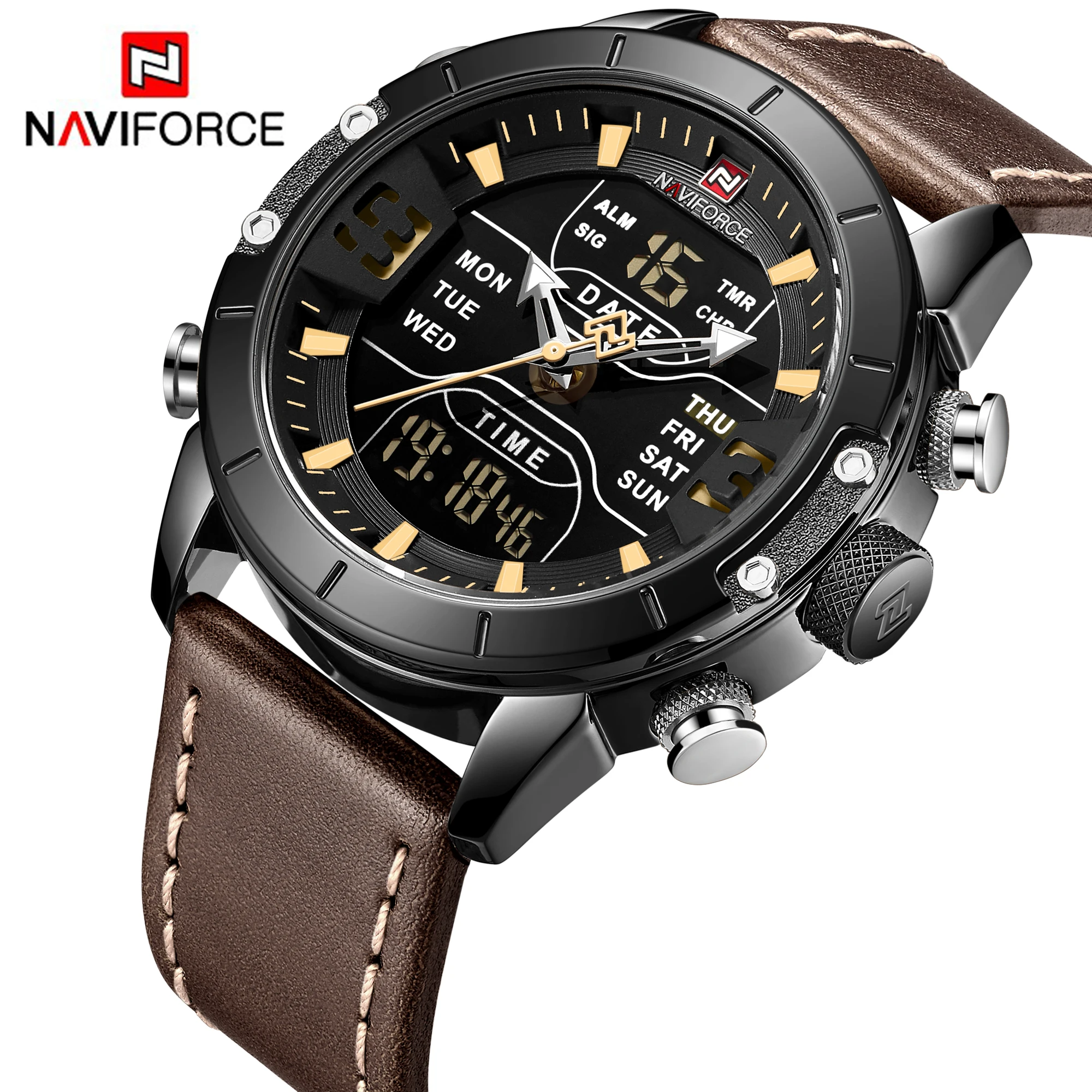 Часы наручные Naviforce 2020 кварцевые аналоговые цифровые спортивные с кожаным ремешком, 9153