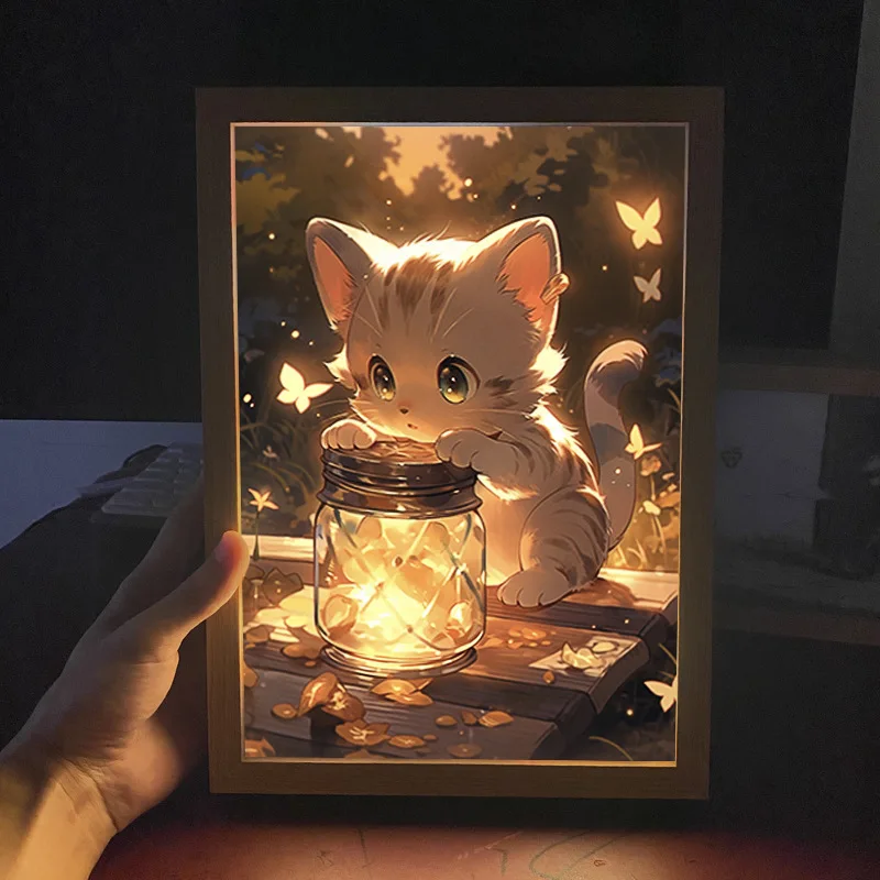 Customize 3D Creatives Acrylic Board Led Art Wood Frame Wall Painting Sunshine Picture Mood Light Bedroom Decoration