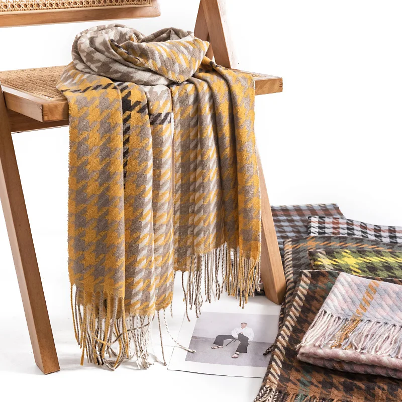 Custom logo fashion scarves shawls luxury tassels men soft faux wool warm winter houndstooth pashmina ethnic scarf for women