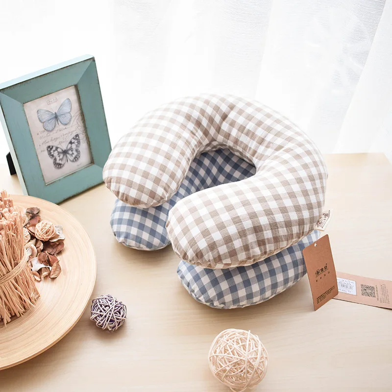 U Type Buckwheat Pillow Pure Cotton Simple Grid Nap Neck Protection Travel Full Cotton Pillow Core