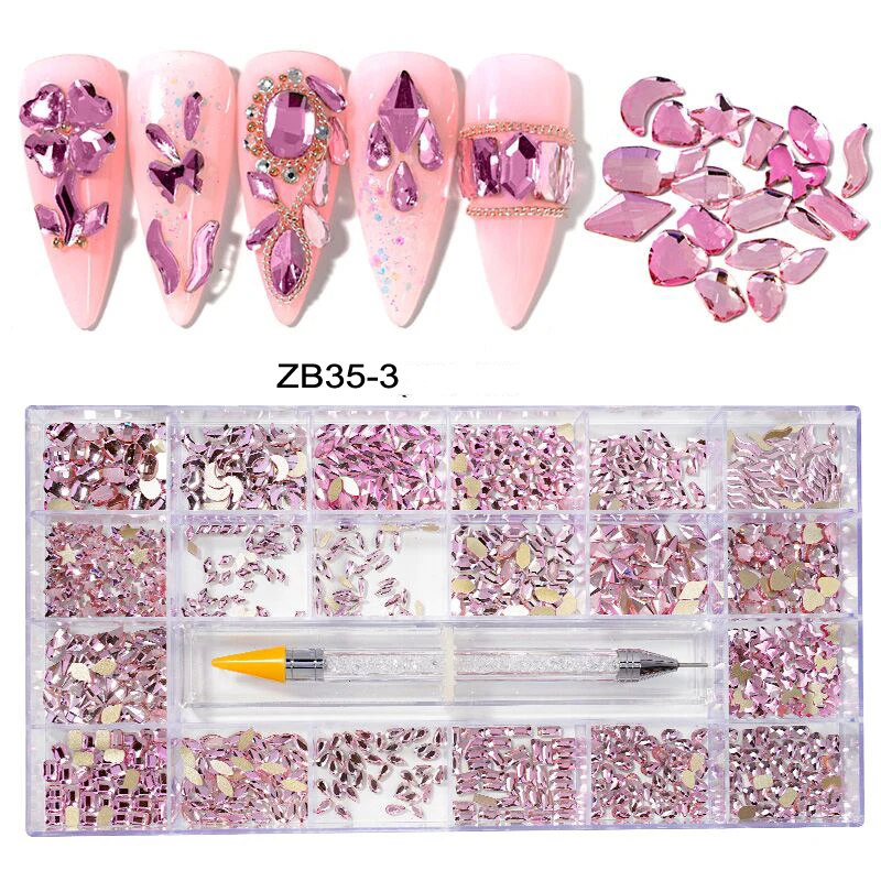 21Grids Crystal Nail Art Rhinestones Glass SS4-SS16 Stones Shiny Flatback 3D DIY Decoration With 1 Pick up Pen