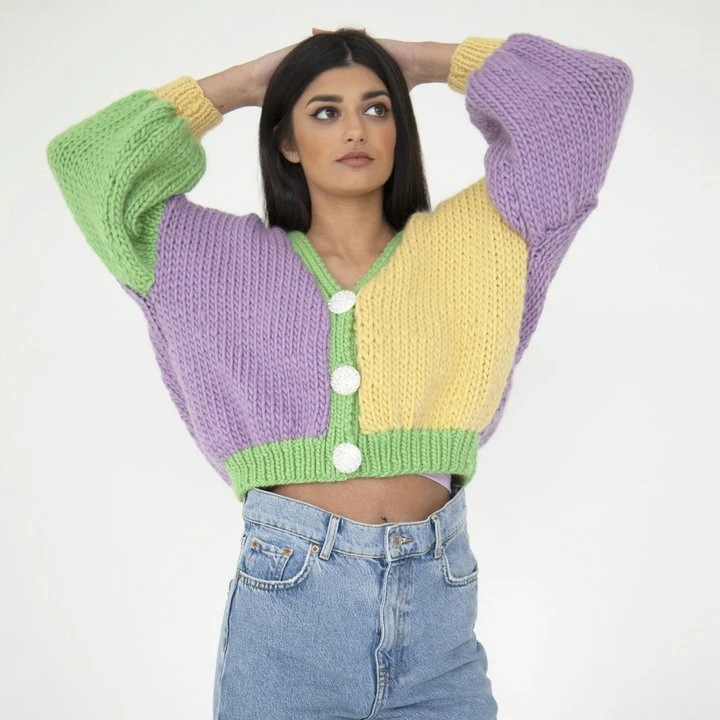 Handmade oversized purple green and yellow cardigan with v-neck large balloon sleeves Dreamlike Chunky Knit Cardigan