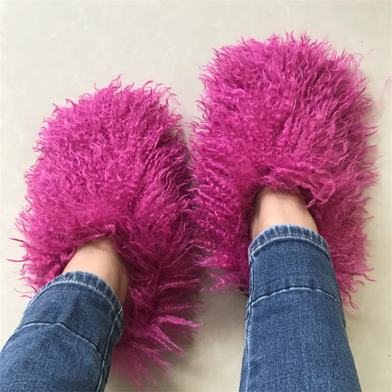 Luxury winter Fur Slipper Colorful Furry faux sheepskin Indoor Warm Wool Cotton women Slippers snow boots