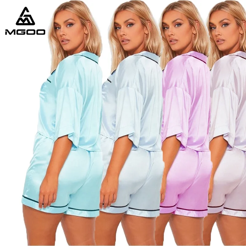 MGOO Custom Snowflake Embroidered Satin PJ Short Set Sexy Crop Short Sleeve Pajama Set Women Nightwear