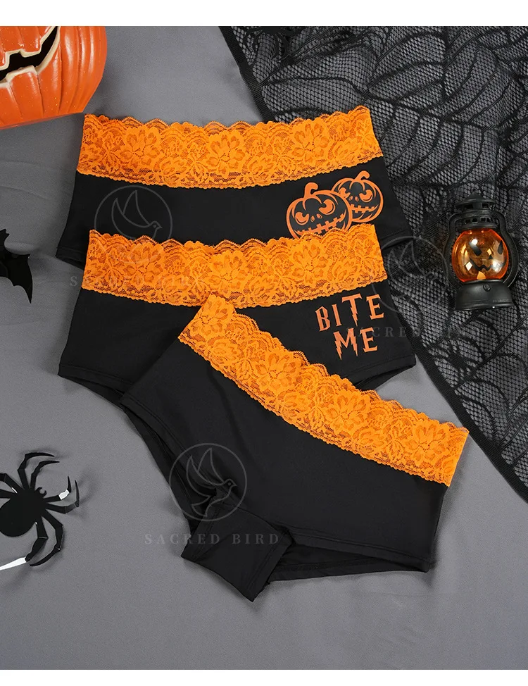 Sexy lace waist edge splicing seamless ice silk girls panties Halloween printing large size anti-glare boxer shorts