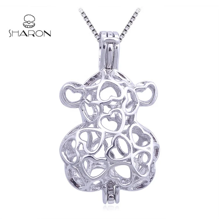 
CS0099 Lovely Animal Series Sterling Silver Cute Bear Love Heart Shape Pearl Cage Pendant 