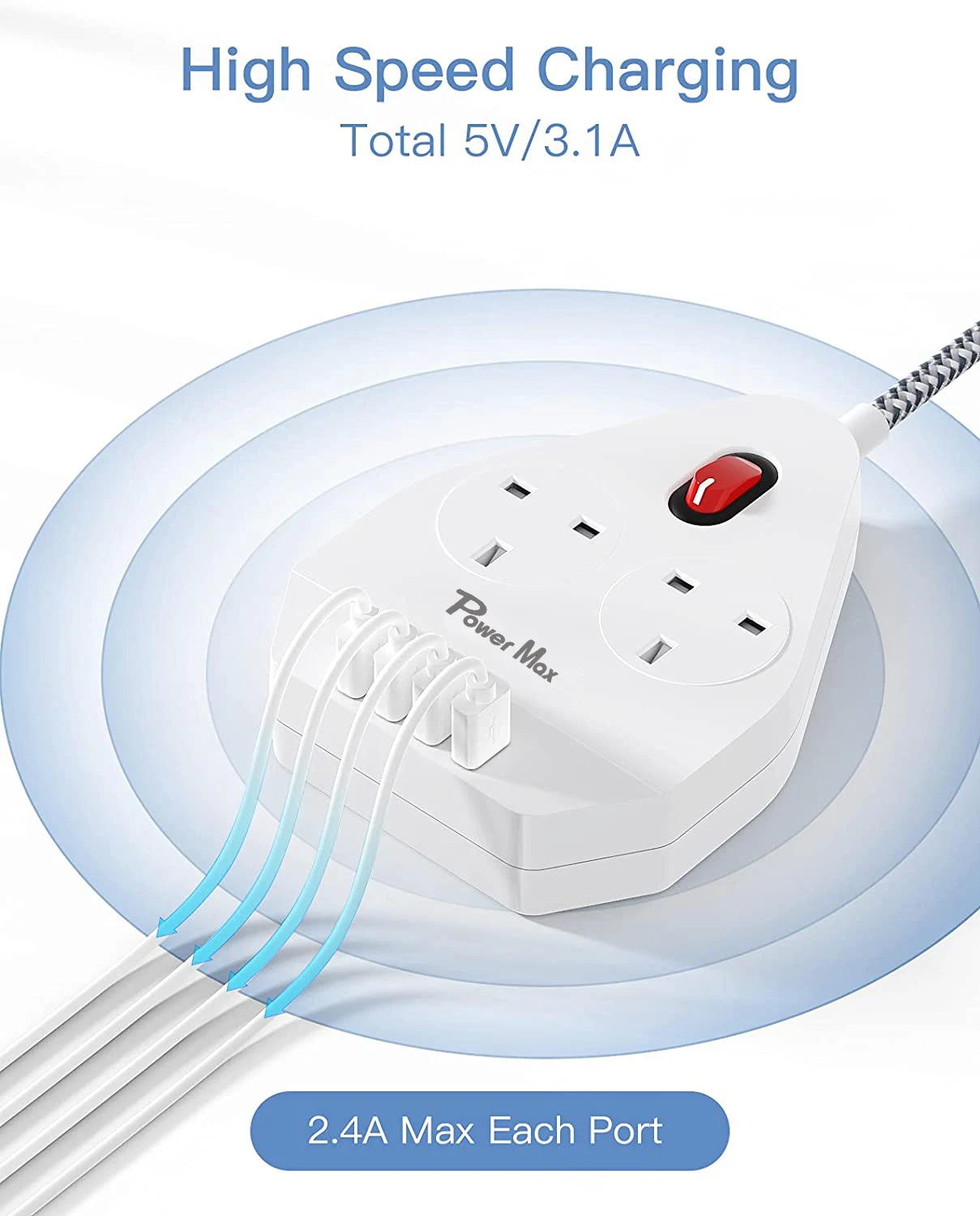 Extension Lead UK Pin Plug and Cable, 2 Gang Way 2m Power Adapter, Multi Socket Mains Strip White