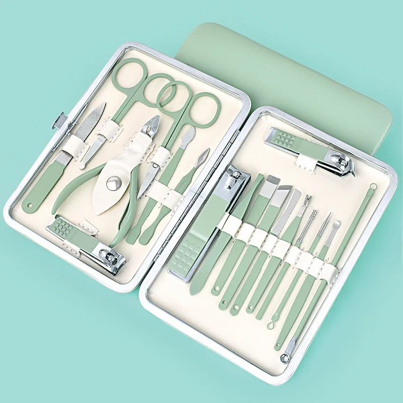 Mint Green 18 pcs Nail Clipper Set Manicure & Pedicure Set Kit Finger Foot Care Set Gift Customized LOGO Leather