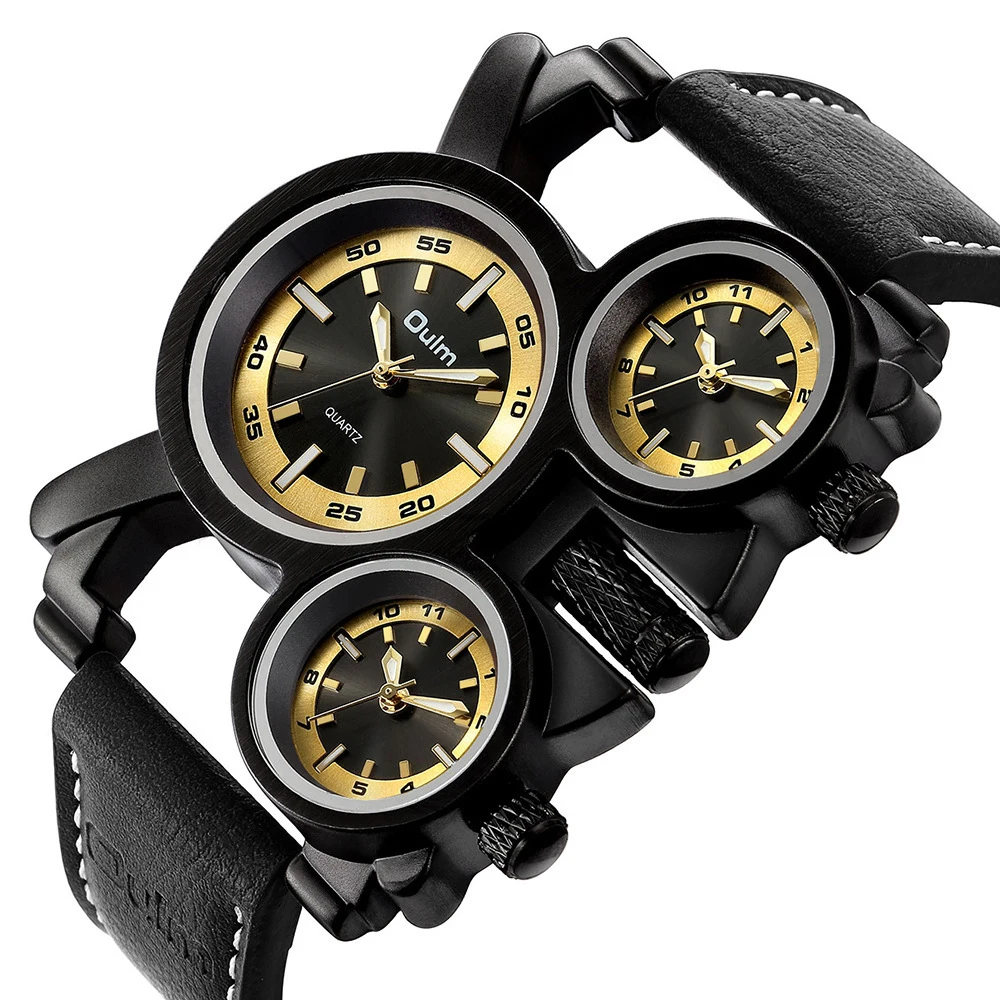New Arrival OULM Unique Design Mens Large Face PU Leather Band Multi-time Zone Waterproof Quartz Wrist Watch